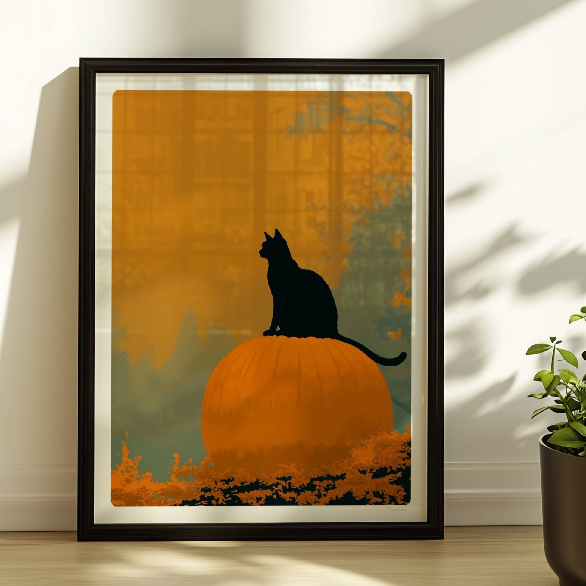 Schwarze Katze auf großem Kürbis in einem mystischen Wald, goldenes Licht durch die Bäume.. Rahmen schwarz 30x40