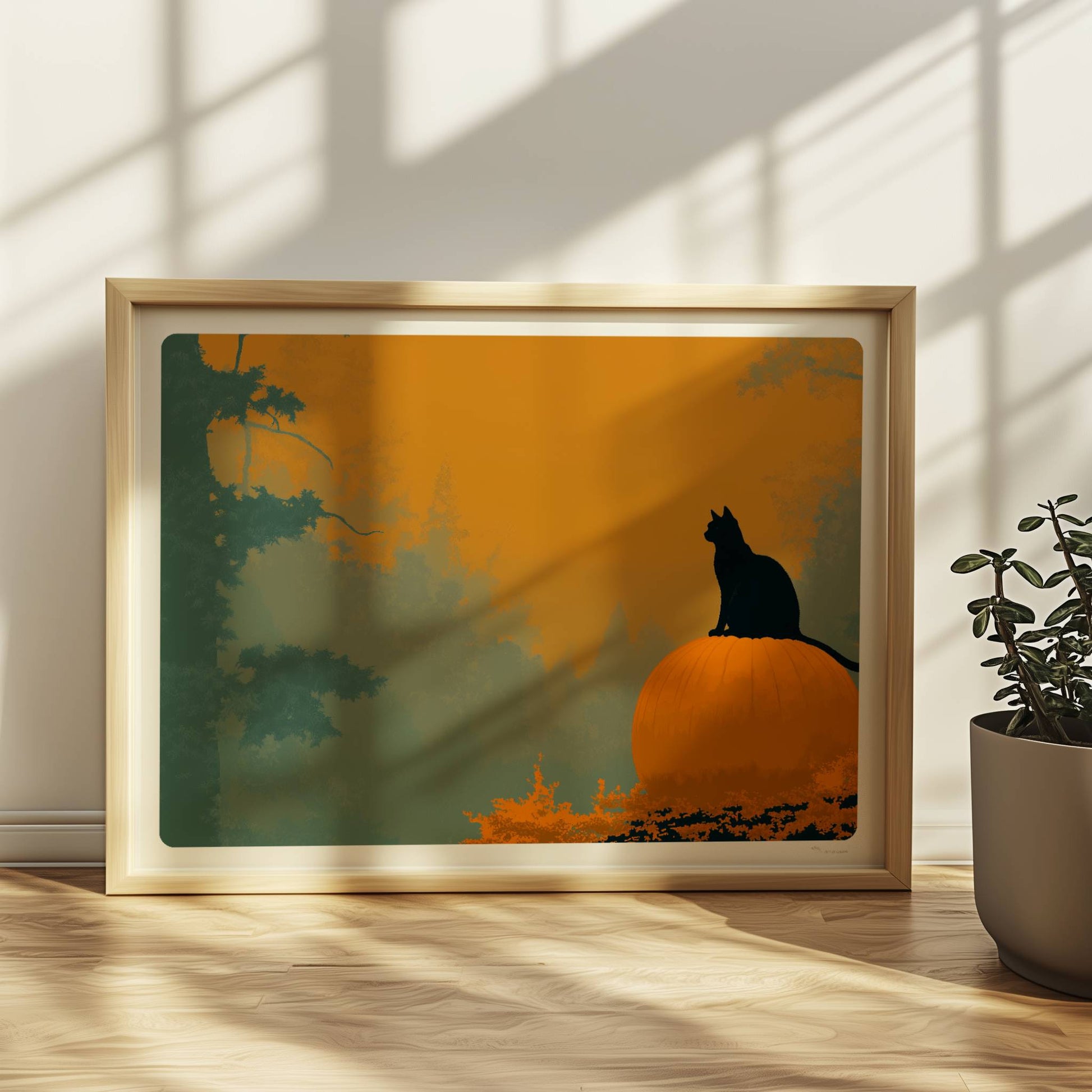 Schwarze Katze auf großem Kürbis in einem mystischen Wald, goldenes Licht durch die Bäume.. Rahmen natur 40x30
