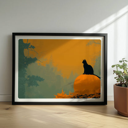 Schwarze Katze auf großem Kürbis in einem mystischen Wald, goldenes Licht durch die Bäume.. Rahmen schwarz 40x30