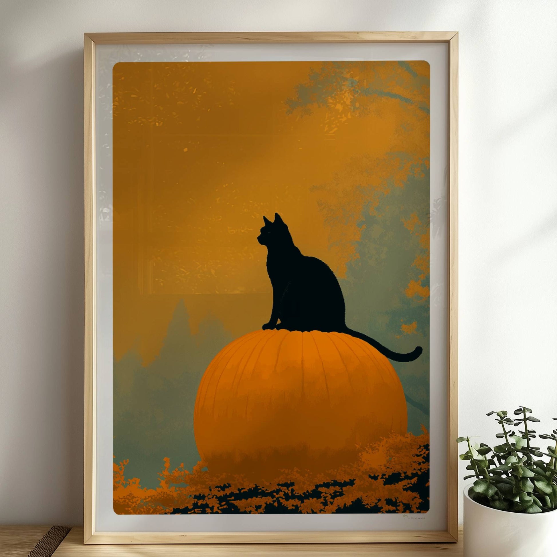 Schwarze Katze auf großem Kürbis in einem mystischen Wald, goldenes Licht durch die Bäume.. Rahmen natur 50x70
