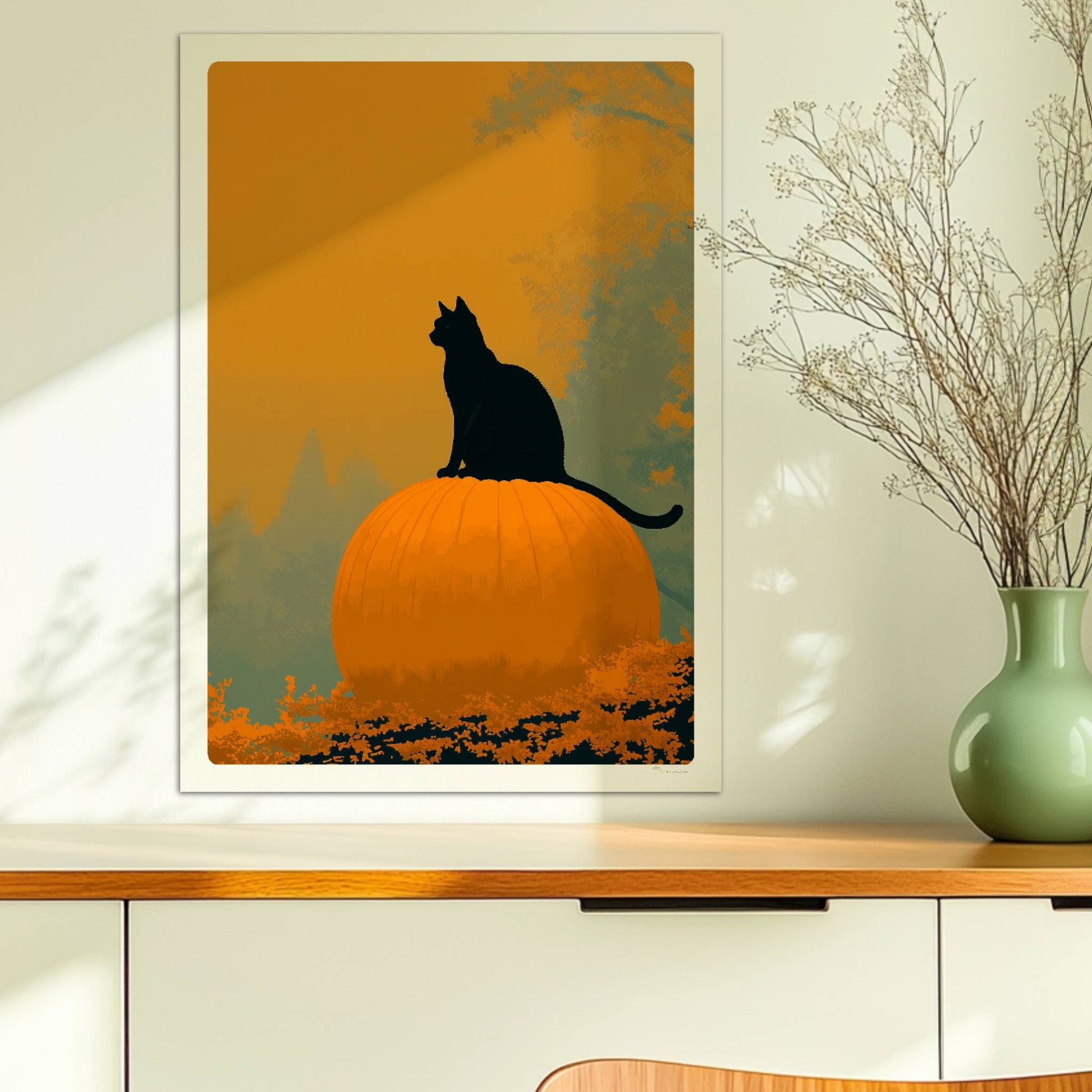 Schwarze Katze auf großem Kürbis in einem mystischen Wald, goldenes Licht durch die Bäume.. Ohne Rahmen 50x70