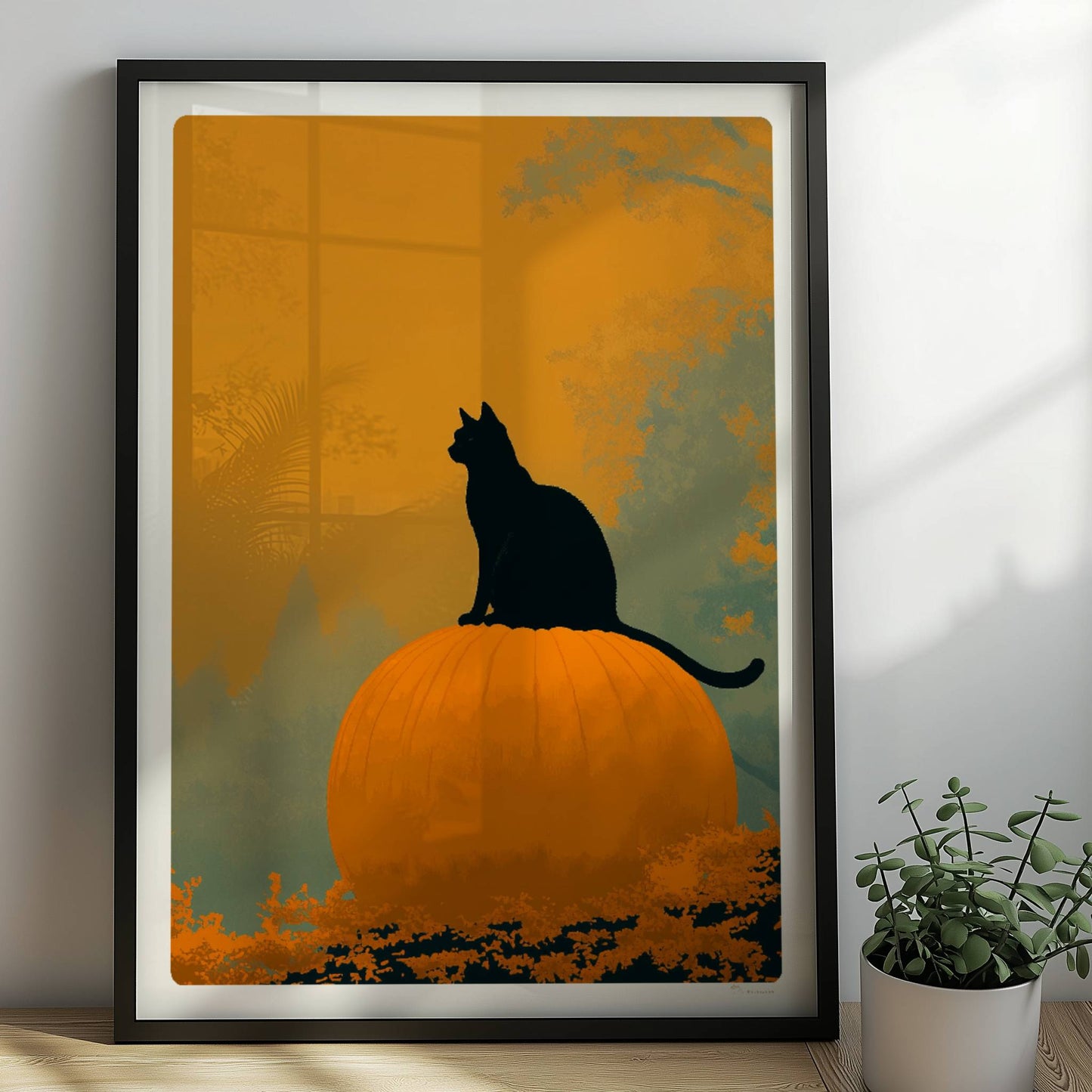 Schwarze Katze auf großem Kürbis in einem mystischen Wald, goldenes Licht durch die Bäume.. Rahmen schwarz 50x70
