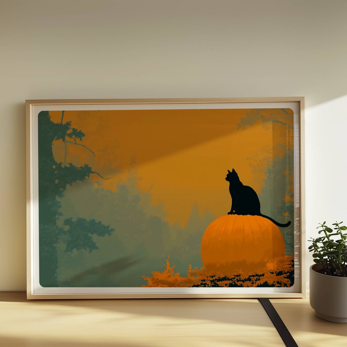 Schwarze Katze auf großem Kürbis in einem mystischen Wald, goldenes Licht durch die Bäume.. Rahmen natur 70x50