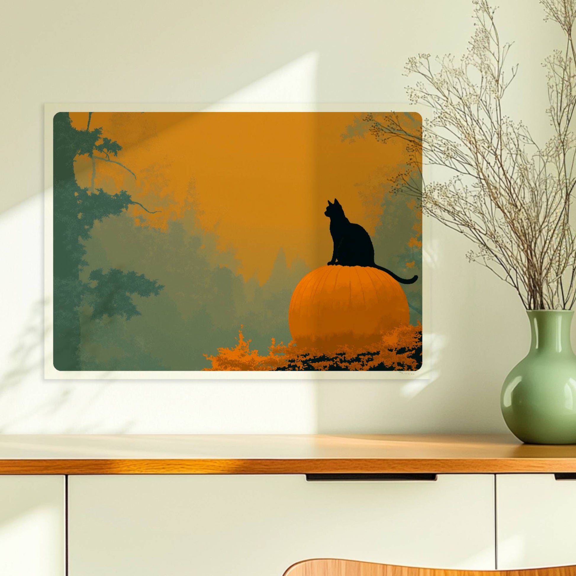 Schwarze Katze auf großem Kürbis in einem mystischen Wald, goldenes Licht durch die Bäume.. Ohne Rahmen 70x50