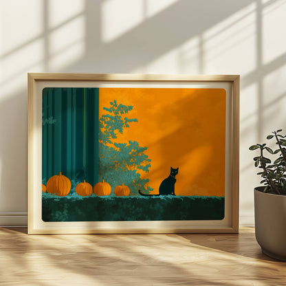 Zwei schwarze Katzen beobachten sich auf einem Weg zwischen Kürbissen unter einem vollen gelben Mond.. Rahmen natur 40x30