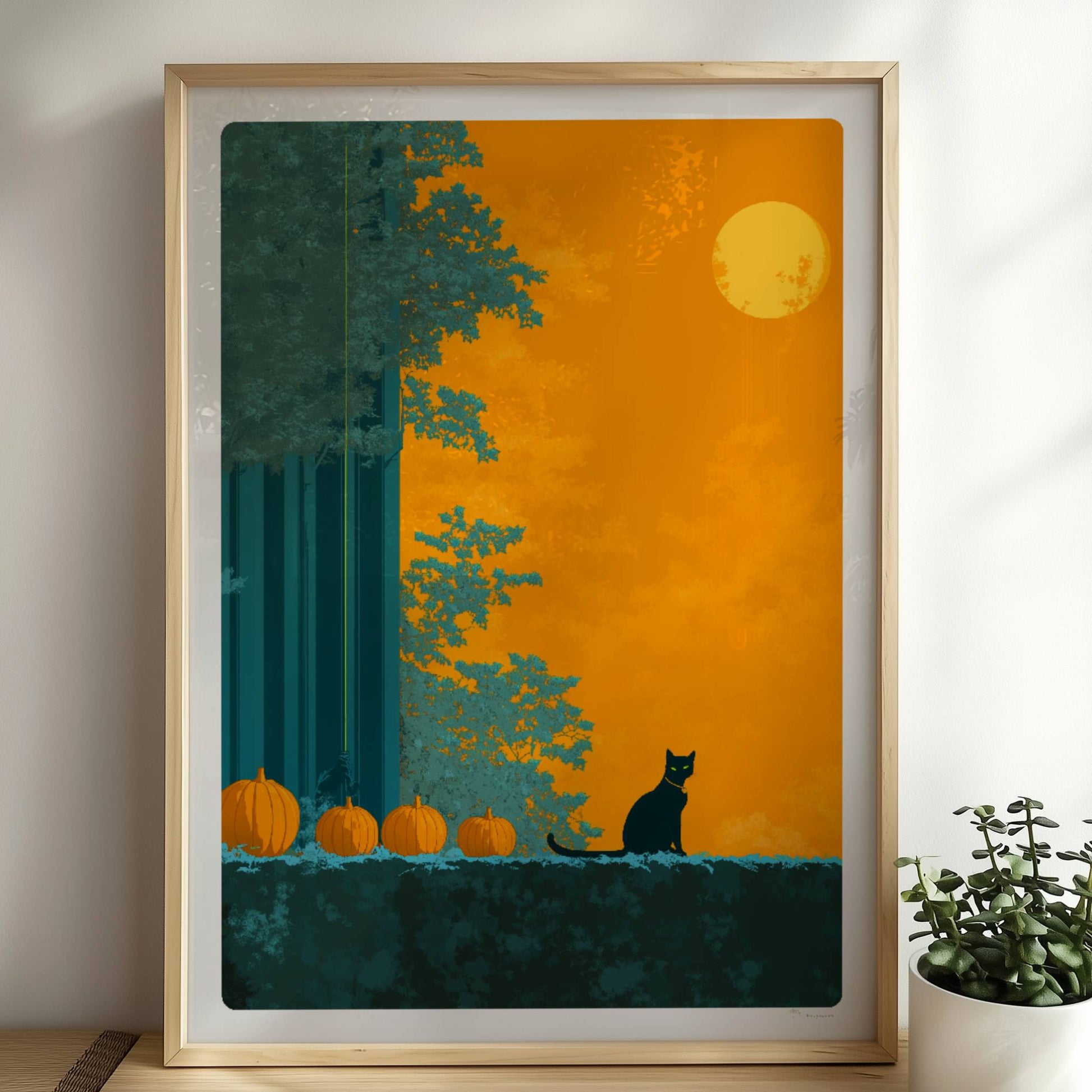 Zwei schwarze Katzen beobachten sich auf einem Weg zwischen Kürbissen unter einem vollen gelben Mond.. Rahmen natur 50x70