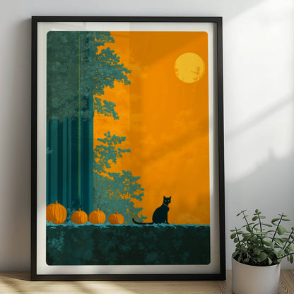 Zwei schwarze Katzen beobachten sich auf einem Weg zwischen Kürbissen unter einem vollen gelben Mond.. Rahmen schwarz 50x70