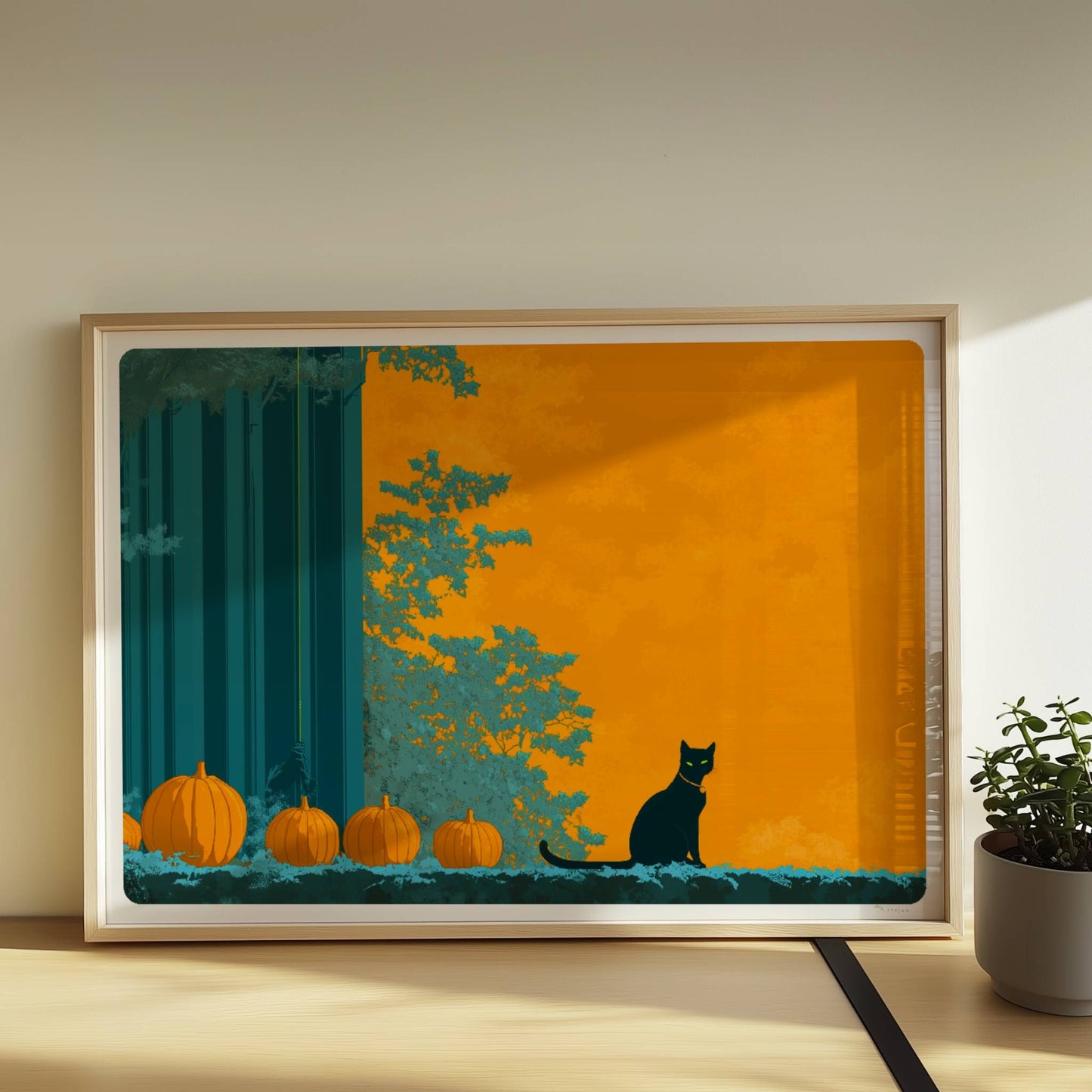 Zwei schwarze Katzen beobachten sich auf einem Weg zwischen Kürbissen unter einem vollen gelben Mond.. Rahmen natur 70x50