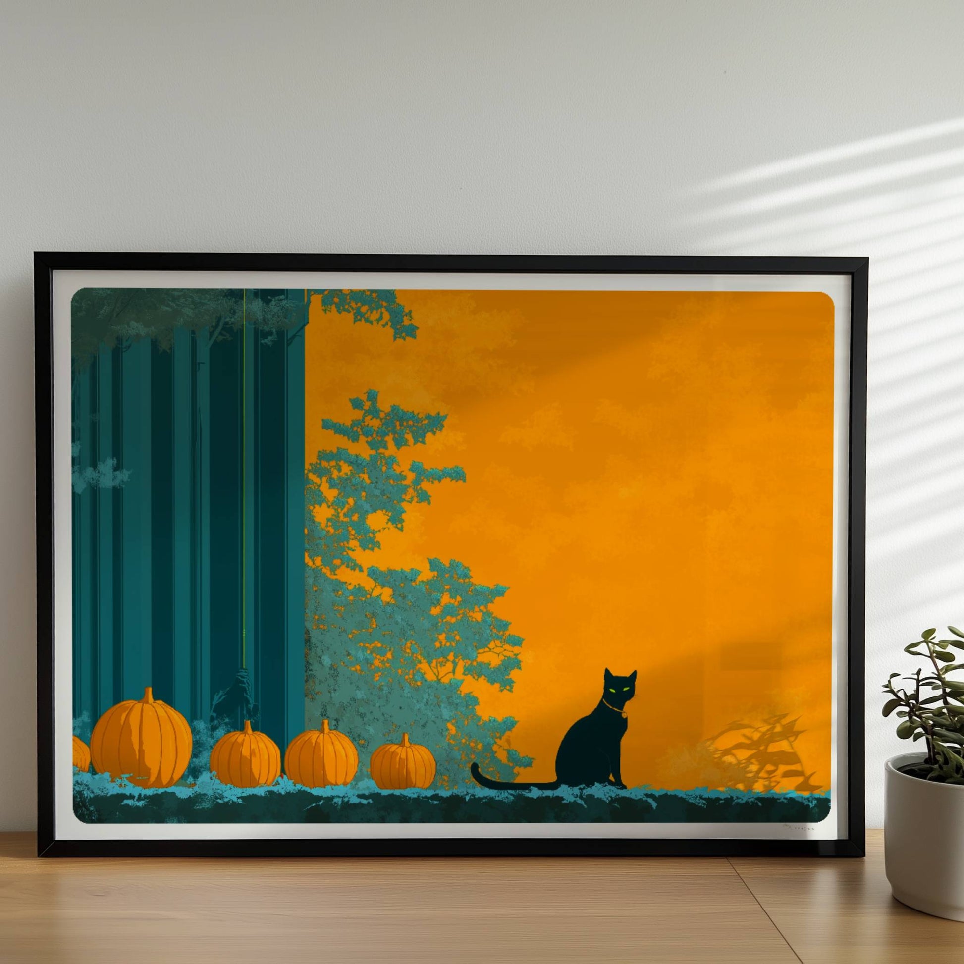 Zwei schwarze Katzen beobachten sich auf einem Weg zwischen Kürbissen unter einem vollen gelben Mond.. Rahmen schwarz 70x50