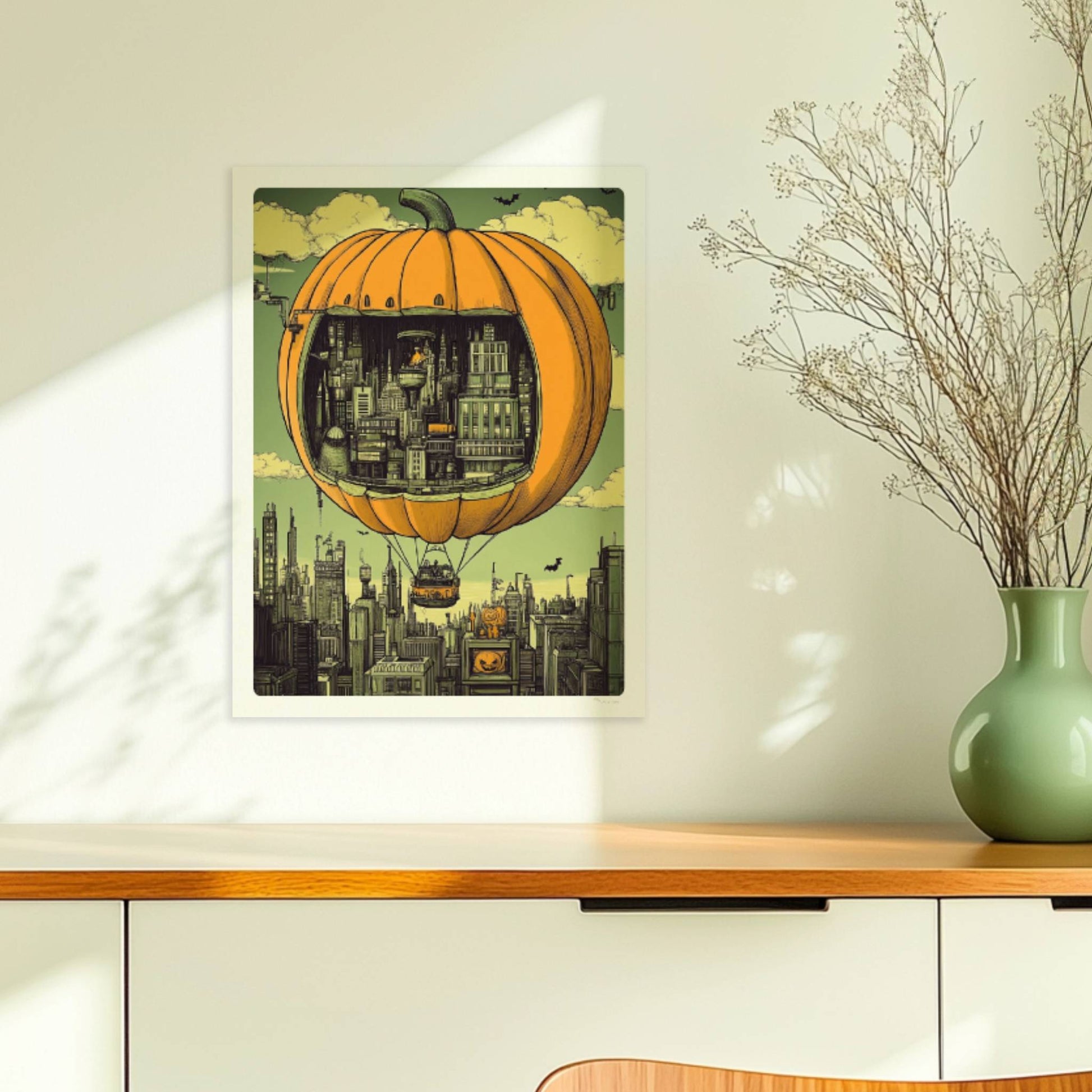 Ein Heißluftballon in Form eines Kürbisses schwebt über einer herbstlichen Stadt mit nostalgischer Atmosphäre.. Ohne Rahmen 30x40