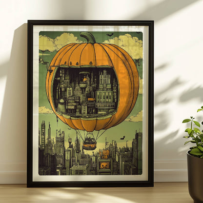 Ein Heißluftballon in Form eines Kürbisses schwebt über einer herbstlichen Stadt mit nostalgischer Atmosphäre.. Rahmen schwarz 30x40