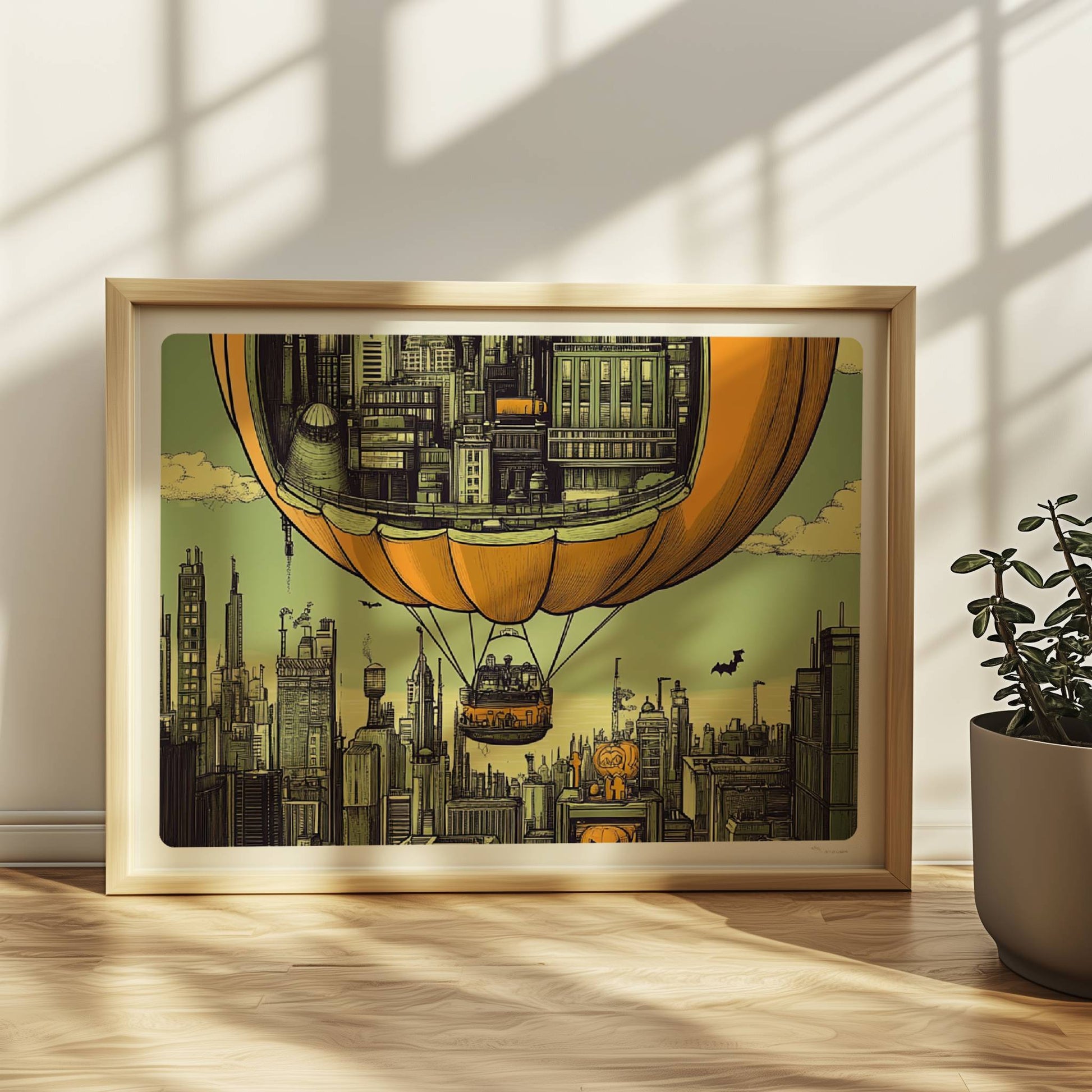 Ein Heißluftballon in Form eines Kürbisses schwebt über einer herbstlichen Stadt mit nostalgischer Atmosphäre.. Rahmen natur 40x30