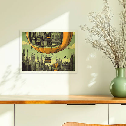 Ein Heißluftballon in Form eines Kürbisses schwebt über einer herbstlichen Stadt mit nostalgischer Atmosphäre.. Ohne Rahmen 40x30