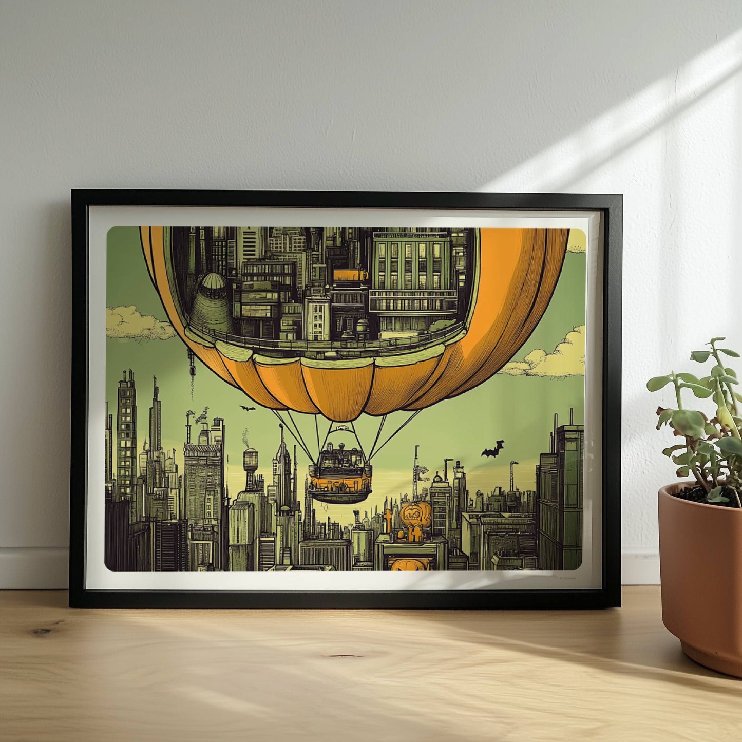 Ein Heißluftballon in Form eines Kürbisses schwebt über einer herbstlichen Stadt mit nostalgischer Atmosphäre.. Rahmen schwarz 40x30