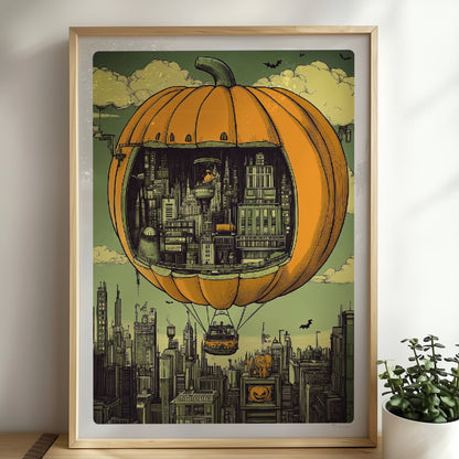 Ein Heißluftballon in Form eines Kürbisses schwebt über einer herbstlichen Stadt mit nostalgischer Atmosphäre.. Rahmen natur 50x70
