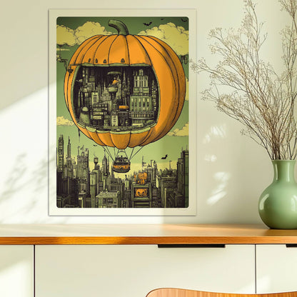 Ein Heißluftballon in Form eines Kürbisses schwebt über einer herbstlichen Stadt mit nostalgischer Atmosphäre.. Ohne Rahmen 50x70