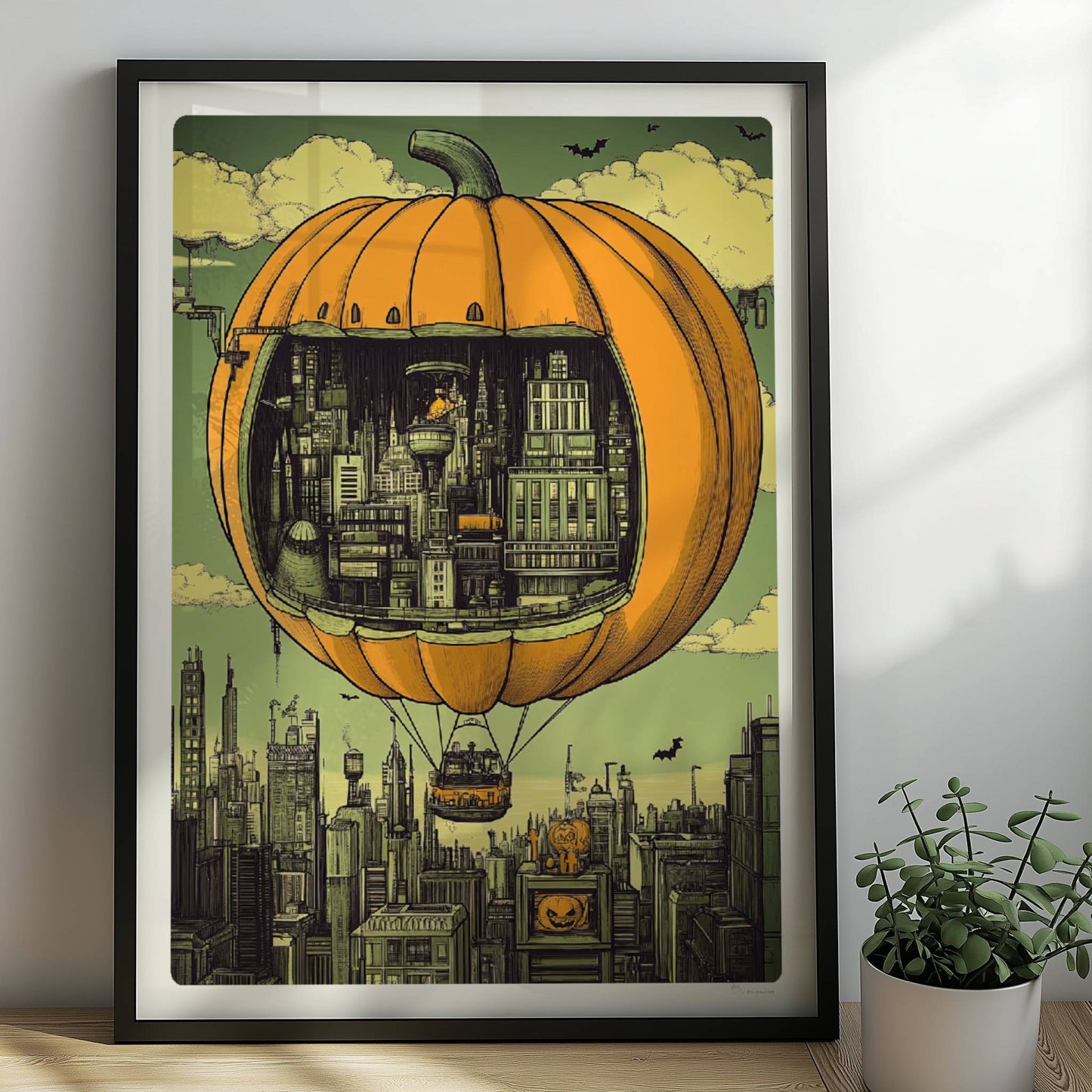 Ein Heißluftballon in Form eines Kürbisses schwebt über einer herbstlichen Stadt mit nostalgischer Atmosphäre.. Rahmen schwarz 50x70