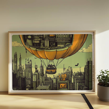 Ein Heißluftballon in Form eines Kürbisses schwebt über einer herbstlichen Stadt mit nostalgischer Atmosphäre.. Rahmen natur 70x50