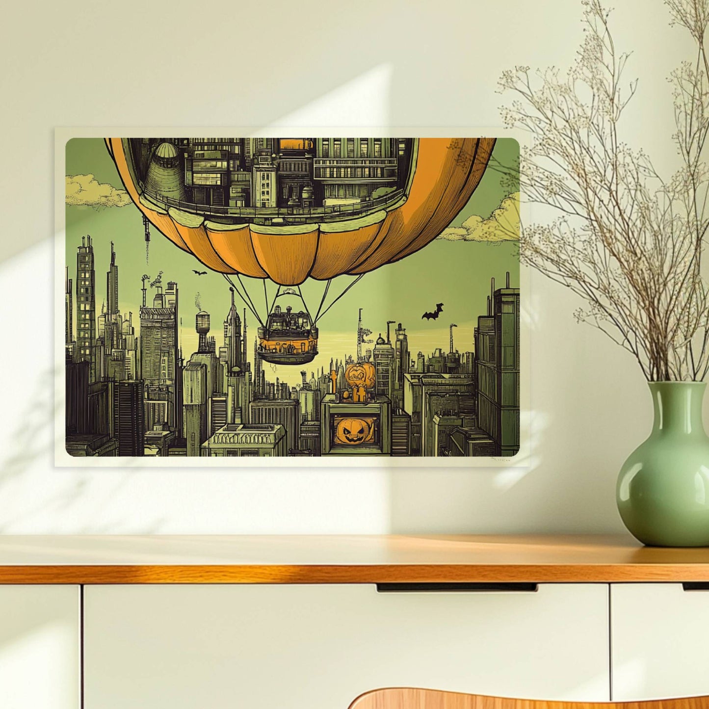 Ein Heißluftballon in Form eines Kürbisses schwebt über einer herbstlichen Stadt mit nostalgischer Atmosphäre.. Ohne Rahmen 70x50