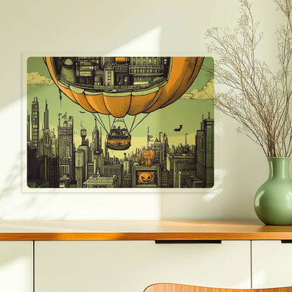 Ein Heißluftballon in Form eines Kürbisses schwebt über einer herbstlichen Stadt mit nostalgischer Atmosphäre.. Ohne Rahmen 70x50