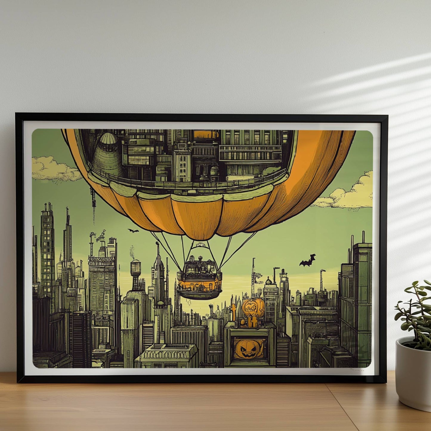 Ein Heißluftballon in Form eines Kürbisses schwebt über einer herbstlichen Stadt mit nostalgischer Atmosphäre.. Rahmen schwarz 70x50