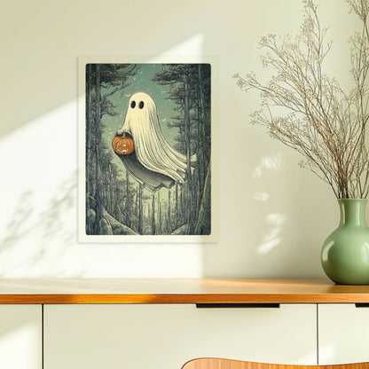 Ein weißes Geistwesen fliegt durch einen dunklen Wald und trägt einen leuchtenden Halloween-Korb.. Ohne Rahmen 30x40