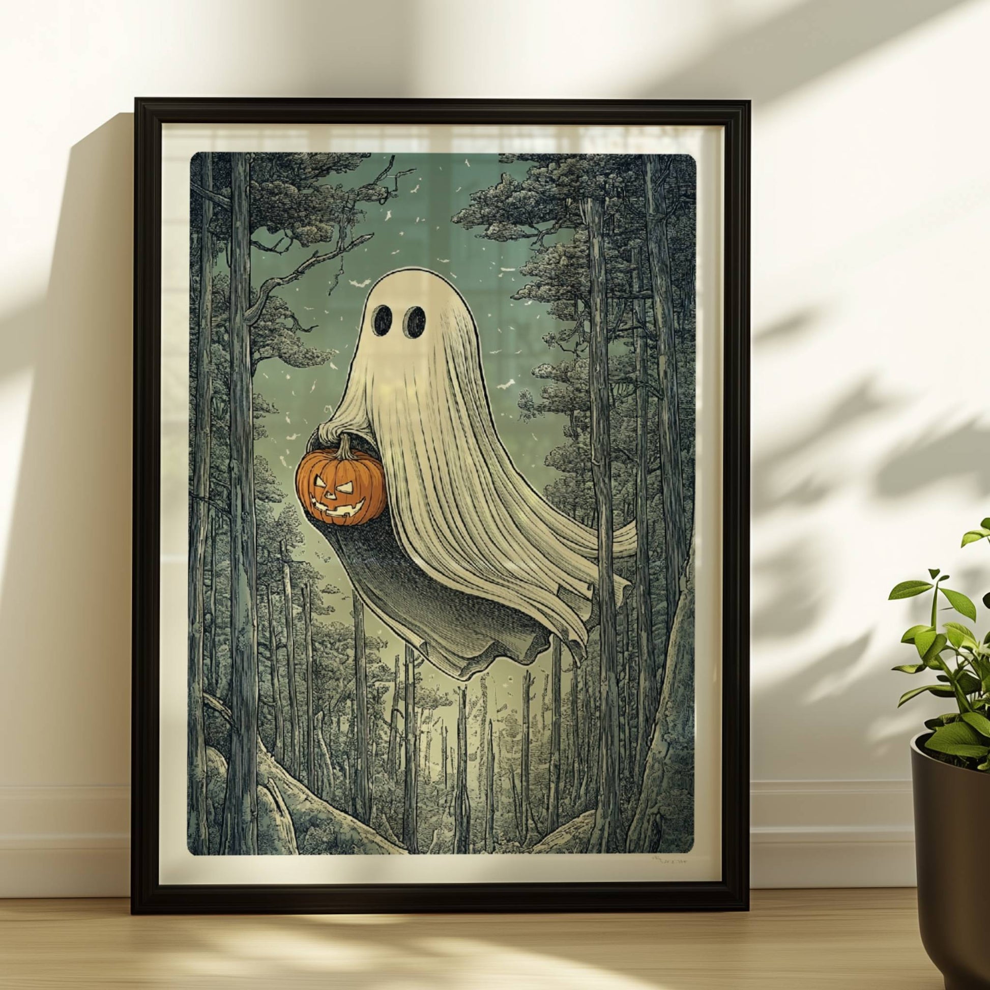 Ein weißes Geistwesen fliegt durch einen dunklen Wald und trägt einen leuchtenden Halloween-Korb.. Rahmen schwarz 30x40