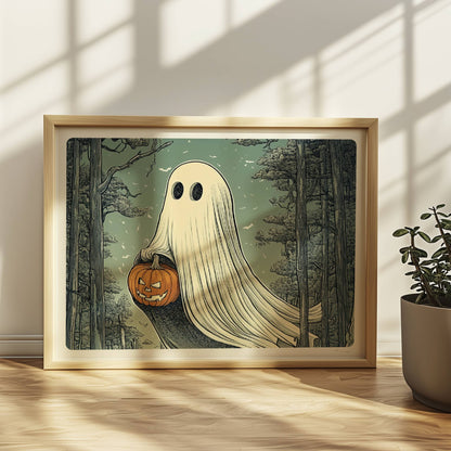 Ein weißes Geistwesen fliegt durch einen dunklen Wald und trägt einen leuchtenden Halloween-Korb.. Rahmen natur 40x30