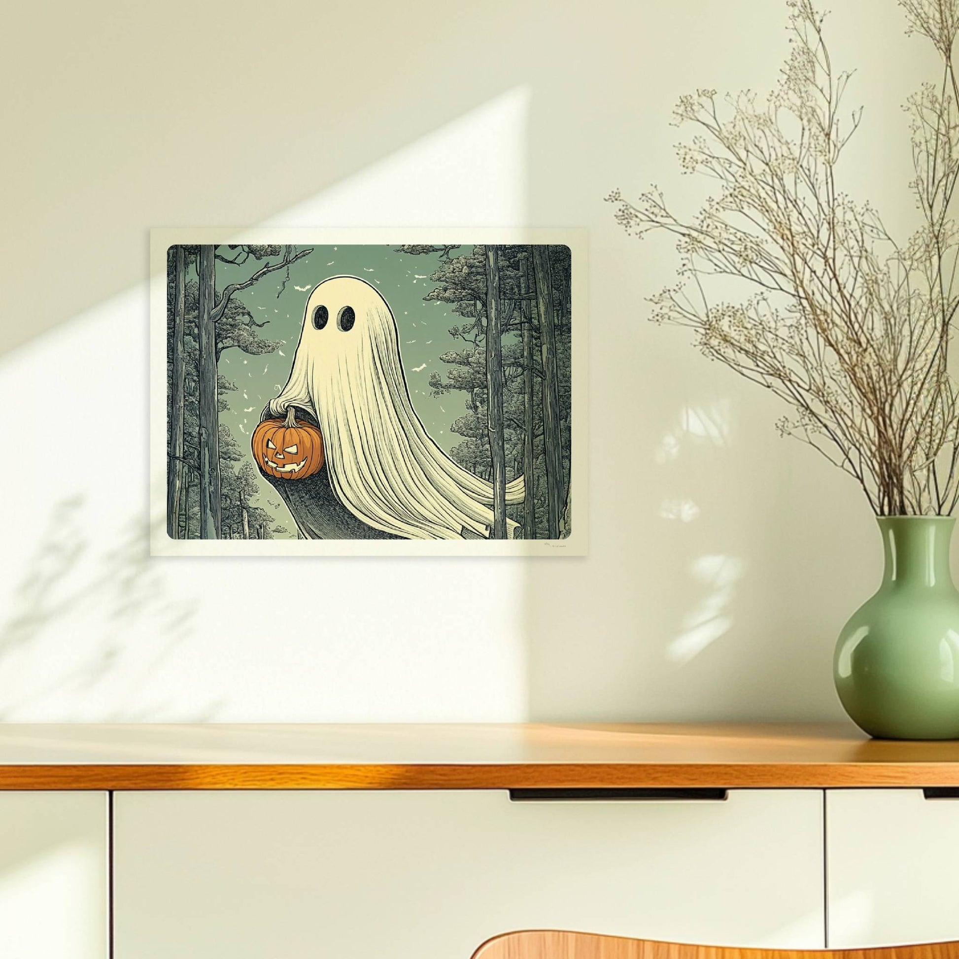 Ein weißes Geistwesen fliegt durch einen dunklen Wald und trägt einen leuchtenden Halloween-Korb.. Ohne Rahmen 40x30