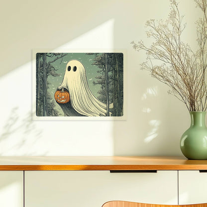 Ein weißes Geistwesen fliegt durch einen dunklen Wald und trägt einen leuchtenden Halloween-Korb.. Ohne Rahmen 40x30