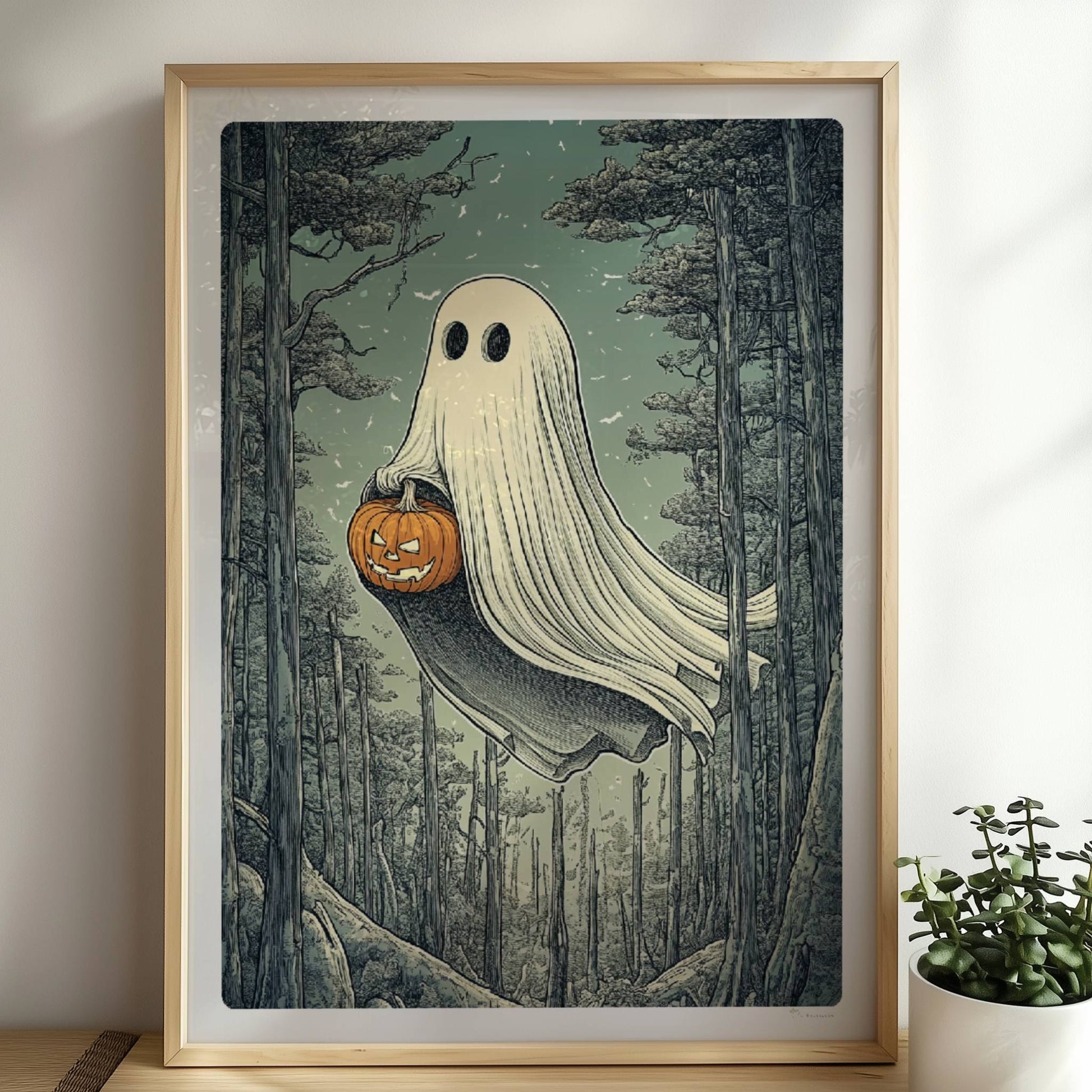 Ein weißes Geistwesen fliegt durch einen dunklen Wald und trägt einen leuchtenden Halloween-Korb.. Rahmen natur 50x70