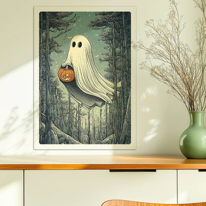 Ein weißes Geistwesen fliegt durch einen dunklen Wald und trägt einen leuchtenden Halloween-Korb.. Ohne Rahmen 50x70