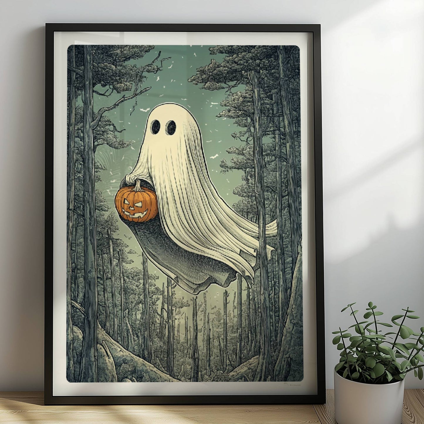Ein weißes Geistwesen fliegt durch einen dunklen Wald und trägt einen leuchtenden Halloween-Korb.. Rahmen schwarz 50x70