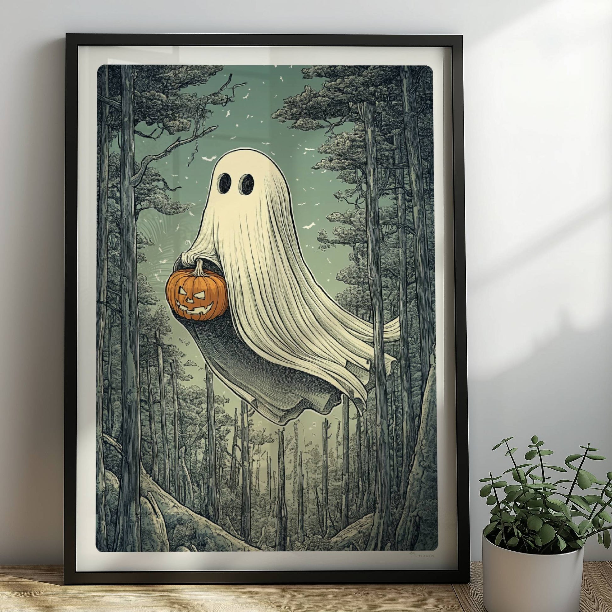 Ein weißes Geistwesen fliegt durch einen dunklen Wald und trägt einen leuchtenden Halloween-Korb.. Rahmen schwarz 50x70