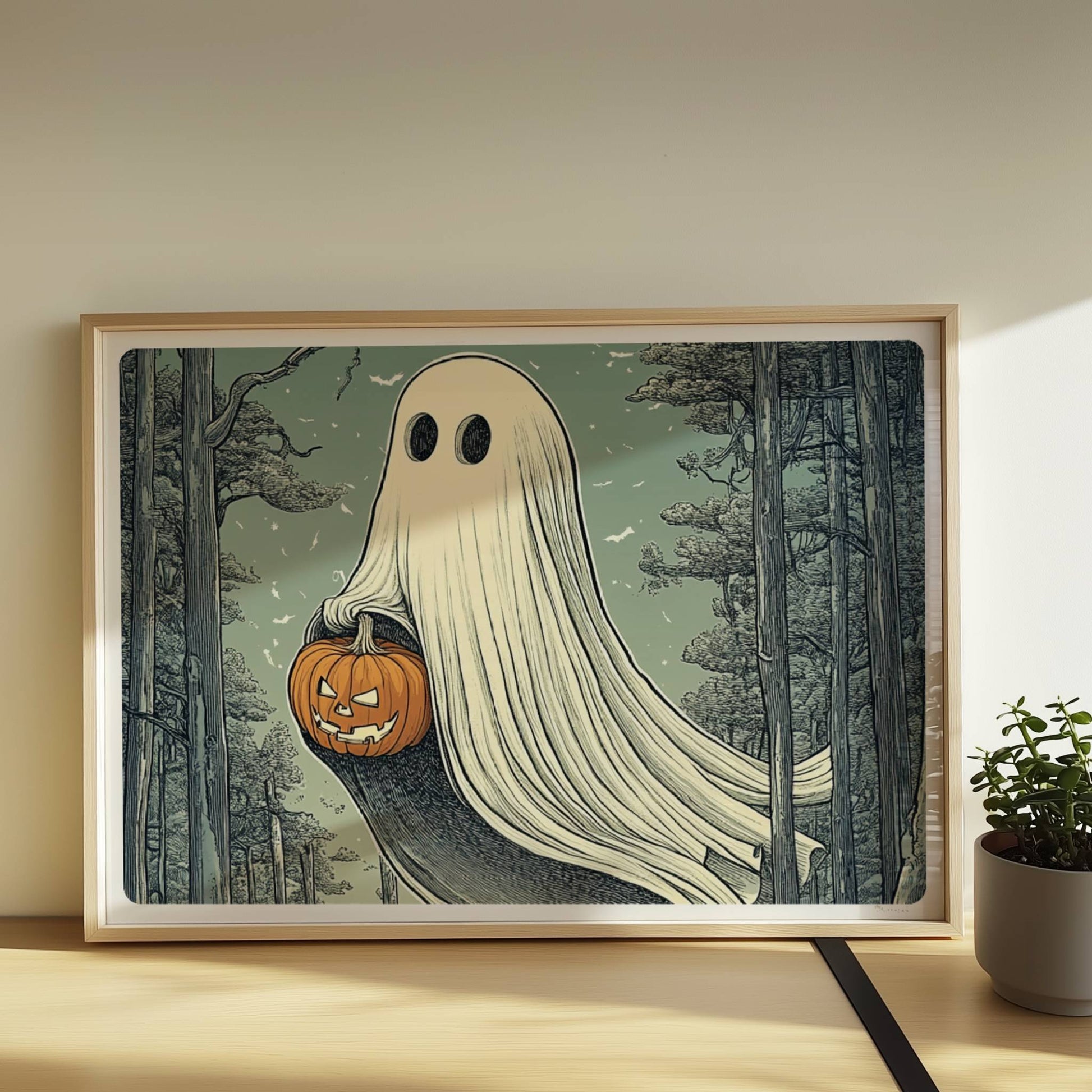 Ein weißes Geistwesen fliegt durch einen dunklen Wald und trägt einen leuchtenden Halloween-Korb.. Rahmen natur 70x50
