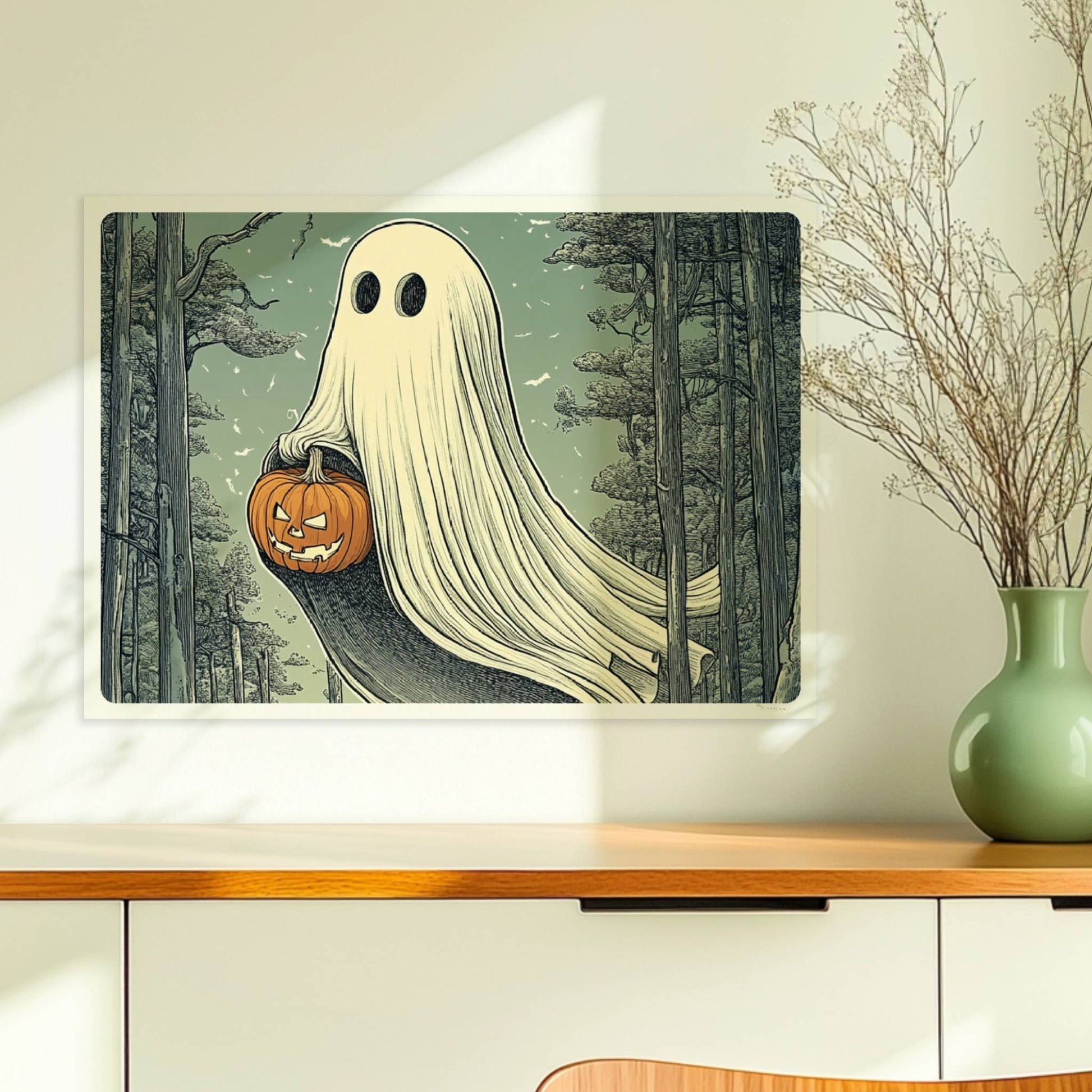 Ein weißes Geistwesen fliegt durch einen dunklen Wald und trägt einen leuchtenden Halloween-Korb.. Ohne Rahmen 70x50