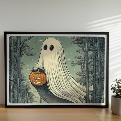 Ein weißes Geistwesen fliegt durch einen dunklen Wald und trägt einen leuchtenden Halloween-Korb.. Rahmen schwarz 70x50