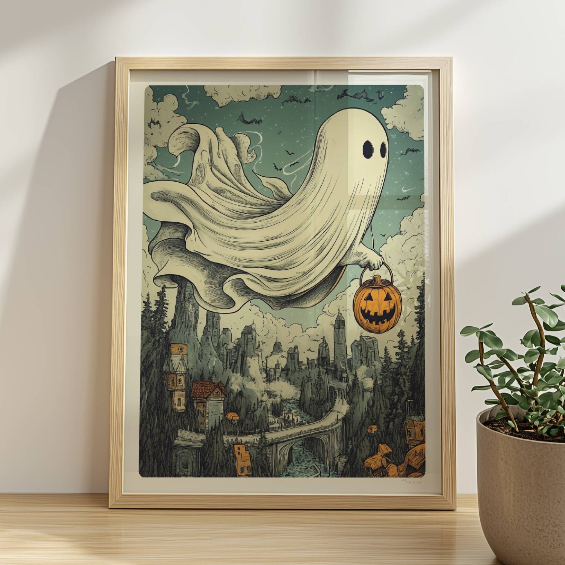 Ein Geist mit leuchtendem Kürbiskorb gleitet über einen nebligen Pfad im Wald, geheimnisvoll und verspielt.. Rahmen natur 30x40