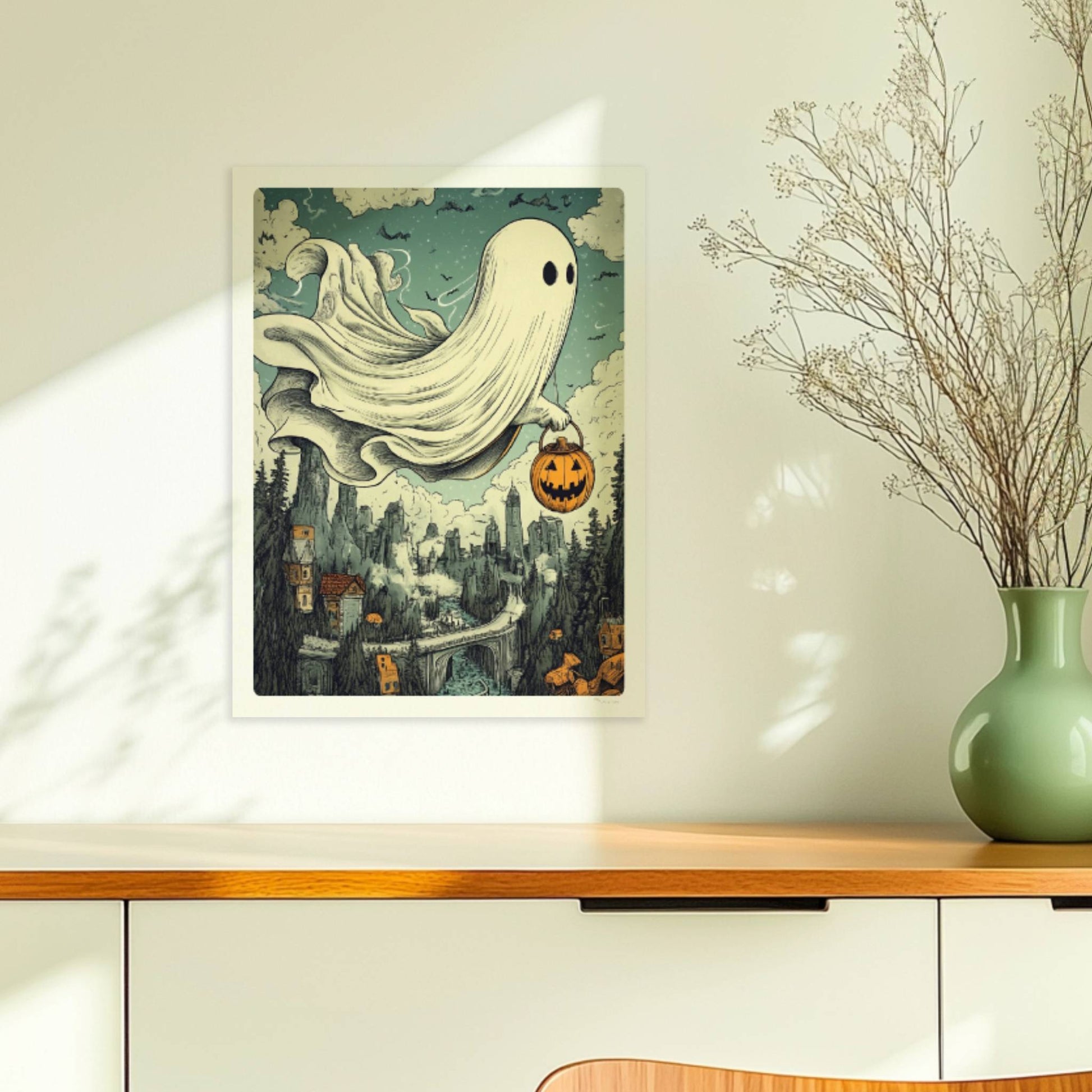 Ein Geist mit leuchtendem Kürbiskorb gleitet über einen nebligen Pfad im Wald, geheimnisvoll und verspielt.. Ohne Rahmen 30x40
