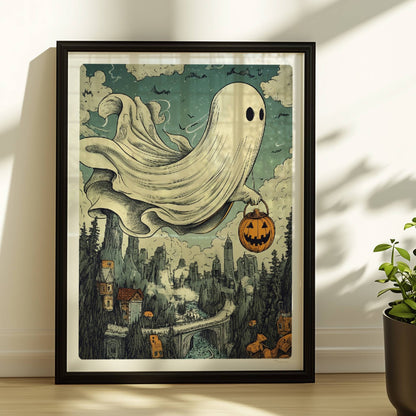 Ein Geist mit leuchtendem Kürbiskorb gleitet über einen nebligen Pfad im Wald, geheimnisvoll und verspielt.. Rahmen schwarz 30x40