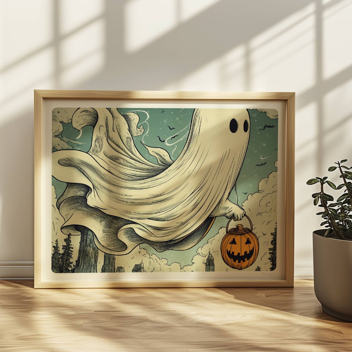 Ein Geist mit leuchtendem Kürbiskorb gleitet über einen nebligen Pfad im Wald, geheimnisvoll und verspielt.. Rahmen natur 40x30