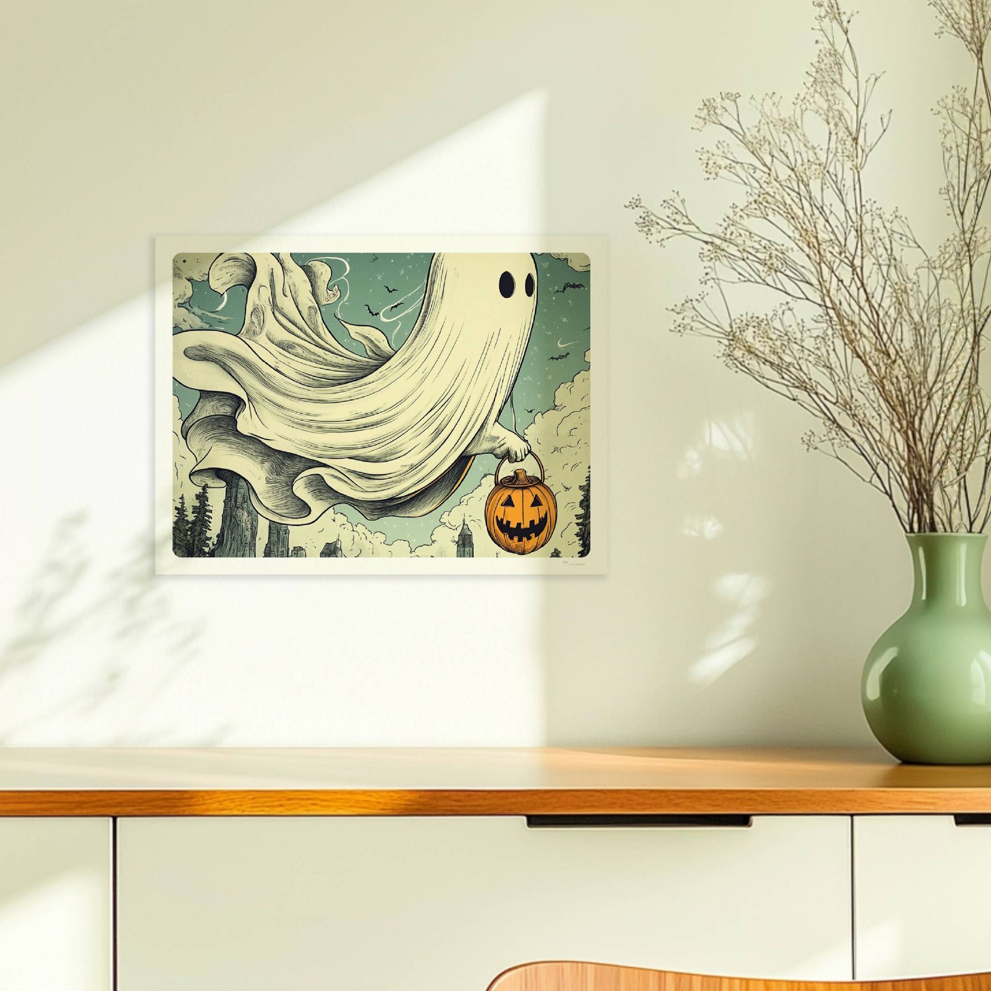 Ein Geist mit leuchtendem Kürbiskorb gleitet über einen nebligen Pfad im Wald, geheimnisvoll und verspielt.. Ohne Rahmen 40x30