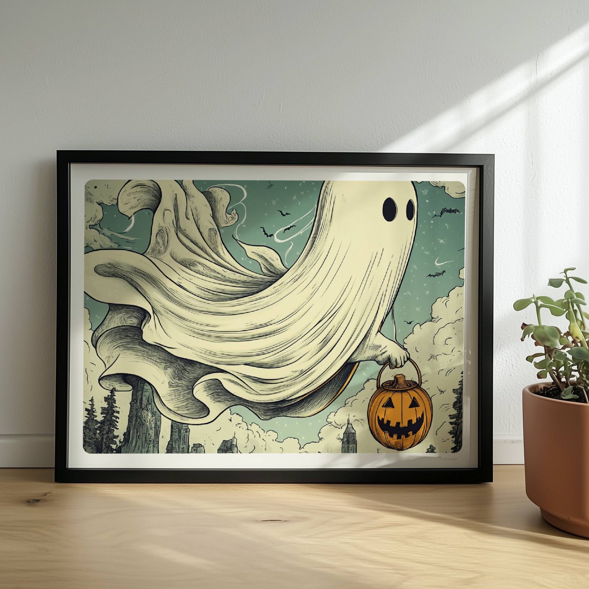 Ein Geist mit leuchtendem Kürbiskorb gleitet über einen nebligen Pfad im Wald, geheimnisvoll und verspielt.. Rahmen schwarz 40x30