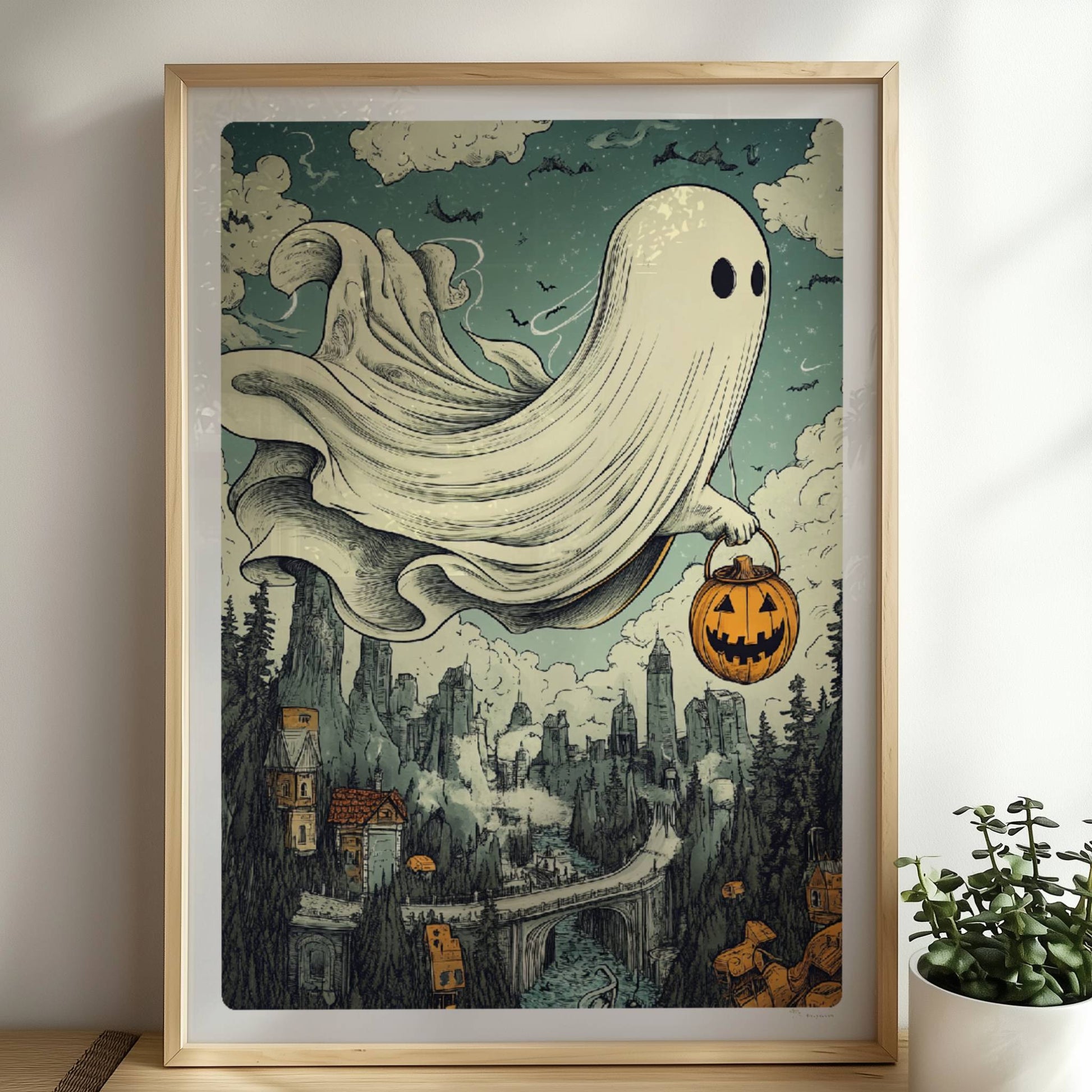 Ein Geist mit leuchtendem Kürbiskorb gleitet über einen nebligen Pfad im Wald, geheimnisvoll und verspielt.. Rahmen natur 50x70