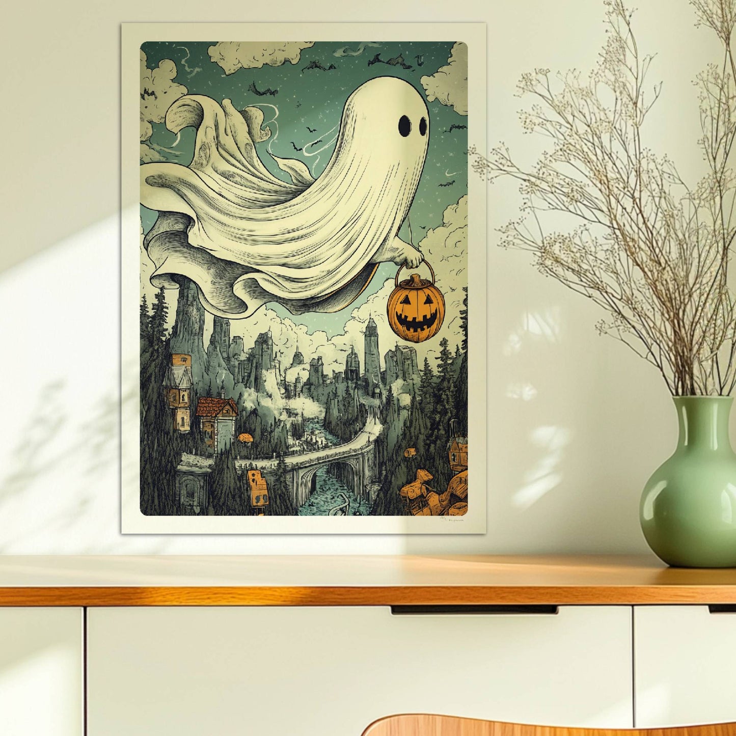 Ein Geist mit leuchtendem Kürbiskorb gleitet über einen nebligen Pfad im Wald, geheimnisvoll und verspielt.. Ohne Rahmen 50x70