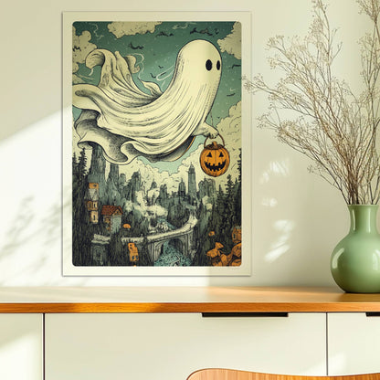 Ein Geist mit leuchtendem Kürbiskorb gleitet über einen nebligen Pfad im Wald, geheimnisvoll und verspielt.. Ohne Rahmen 50x70