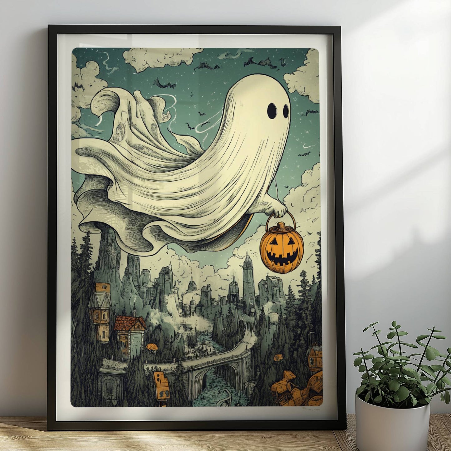 Ein Geist mit leuchtendem Kürbiskorb gleitet über einen nebligen Pfad im Wald, geheimnisvoll und verspielt.. Rahmen schwarz 50x70