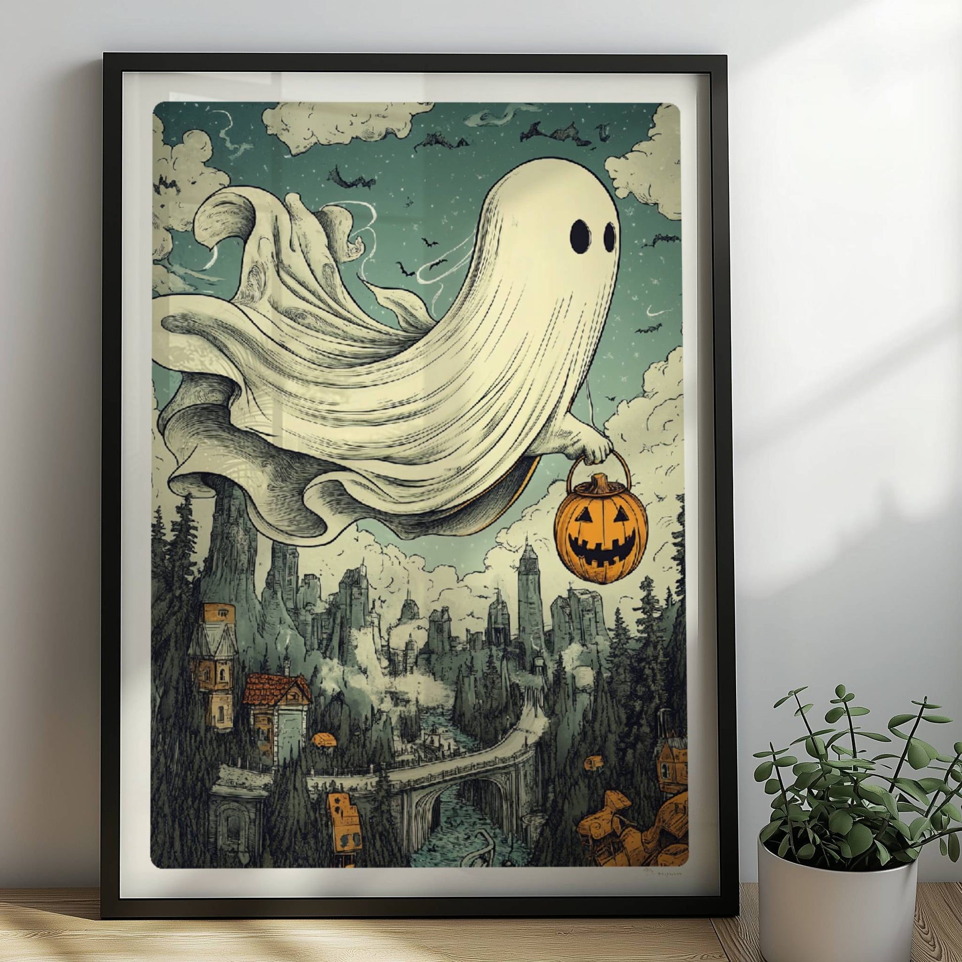 Ein Geist mit leuchtendem Kürbiskorb gleitet über einen nebligen Pfad im Wald, geheimnisvoll und verspielt.. Rahmen schwarz 50x70