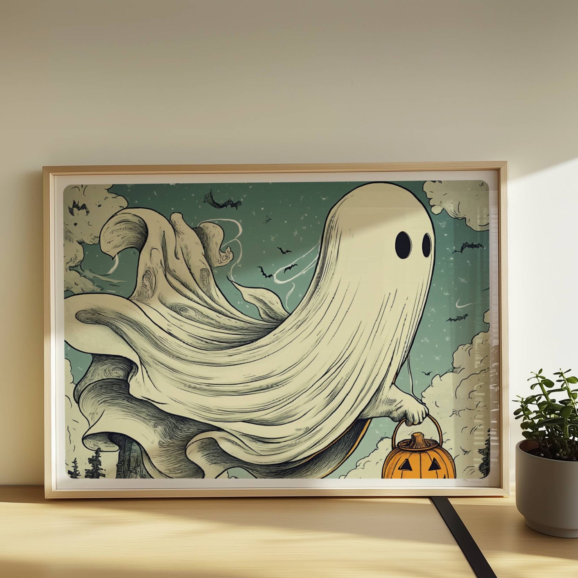 Ein Geist mit leuchtendem Kürbiskorb gleitet über einen nebligen Pfad im Wald, geheimnisvoll und verspielt.. Rahmen natur 70x50