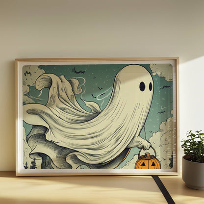 Ein Geist mit leuchtendem Kürbiskorb gleitet über einen nebligen Pfad im Wald, geheimnisvoll und verspielt.. Rahmen natur 70x50